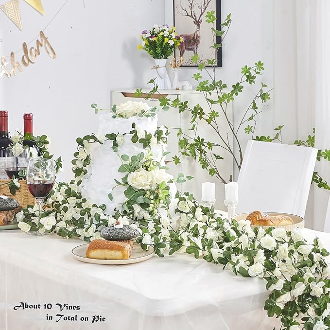 6 Pcs x 8.2 ft Flower Garland Artificial Rose Vine Flowers with Green Leaves Hanging Fake Roses Vine for Room Party Home Wedding Birthday Christmas Wall Arch Decor, Spring White Flower