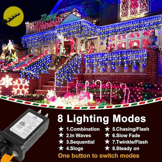 KNONEW Christmas Lights Outdoor Decorations 400 LED 33ft 8 Modes Curtain Fairy String Light with 75 Drops, Clear Wire LED String Light Indoor Decor for Wedding Party Christmas (Blue and White)