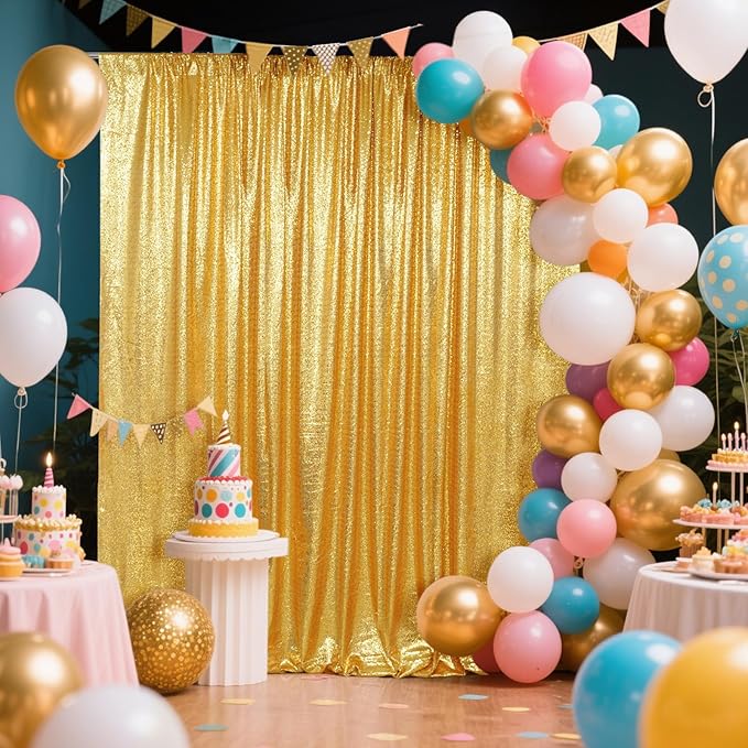 SquarePie Sequin Backdrop Curtain Less See Through Thick Glitter Background for Party 8FT x 10FT Gold