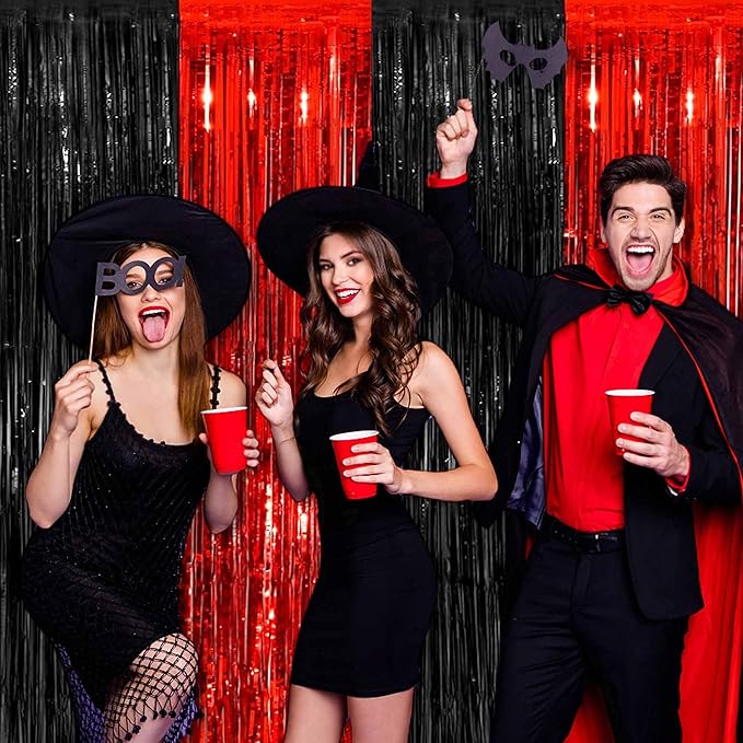 6 Pack Black and Red Foil Fringe Curtains Backdrop, 3.28 x 8.2 Ft Metallic Streamers Tinsel Curtains Background for Photo Booth, Birthday, Weddings, Carnivals, Graduation, Themed Party Decorations