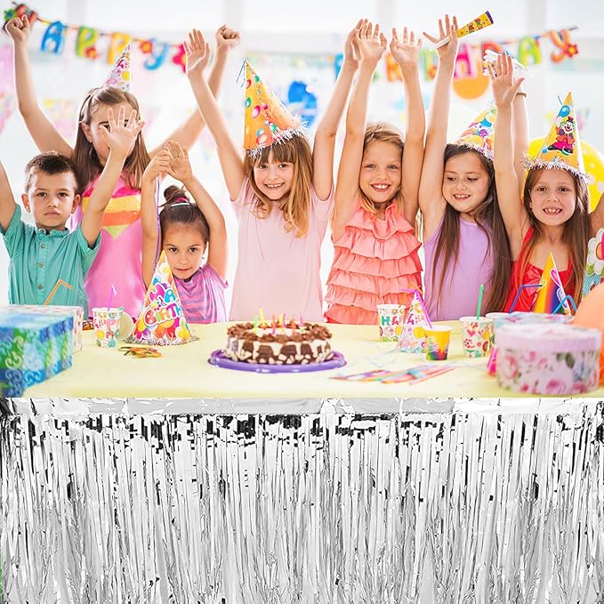4 Pack Metallic Foil Fringe Tinsel Table Skirts,29x108 Inch Party Disposable Table Skirt Banner for Hotel Banquet Parade Floats Mardi Gras Holiday Birthday Wedding New Year Party Decoration(Silver)