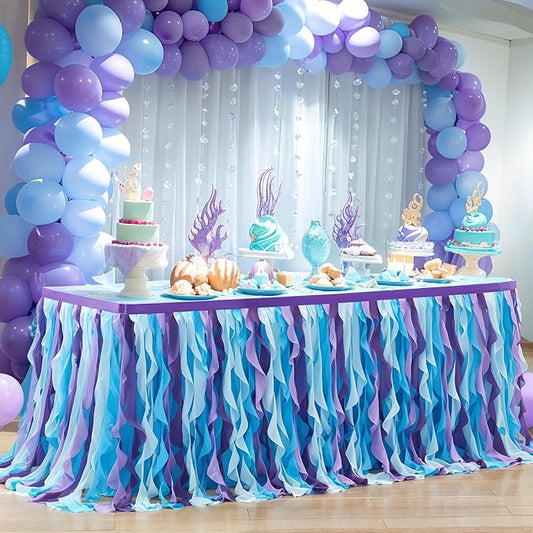 PARTISKY Mermaid Tulle Tutu Ruffle Curly Willow Table Skirt for Rectangle Table 6ft, Mermaid Themed Party Table Cloth for Girls Birthday Party or Baby Shower