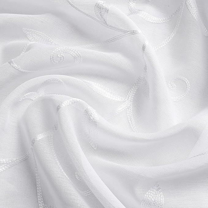VISIONTEX Sheer Voile Curtains, Decorative White Leaves Embroidery Faux Linen Rod Pocket Window Drapes for Home Kitchen, Living Room and Bedroom 54 x 54 Inch, Set of 2 Curtain Panels