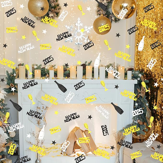MARFOREVER 2026 New Years Confetti, New Year Eve Party Confetti Black Gold Silver Party Supplies New Year Decorations 2026 Nye Table Confetti for Happy New Year Party Decorations New Years Events
