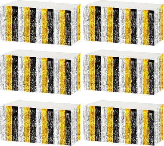 6 Pack 29x108 Inch Metallic Foil Fringe Tinsel Table Skirts Banner for Rectangle Tables Streamer Garland for Birthday, Parade Floats, Valentine's Day Party Decoration(Black Gold Silver)