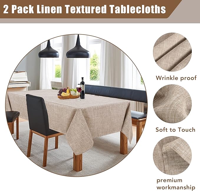 Fitable Faux Linen Tablecloths Rectangle 60 x 102 Inch - 2 Pack Neutral Table Clothes for 6-8 Foot Tables, Nature Faux Burlap Kitchen Table Cover for Dining, Party, Farmhouse, Banquet, Buffet
