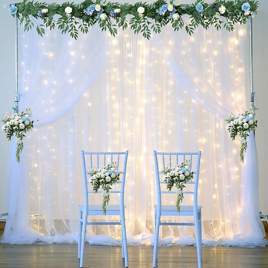 White Backdrop Curtains with Lights String for Wedding Parties 10×10ft Sheer Tulle Backdrop Curtain for Bridal Shower Baby Shower Birthday Party Photo Shoot Background Decorations(2 Panels 10ft×10ft)