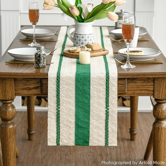 Artoid Mode Dark Green Farmhouse Woven Rustic Table Runner, Seasonal Holiday Hollow Kitchen Dining Table Decoration for Home Party Decor 12x60 Inch