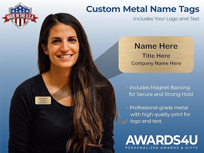 Custom Name Tag - Personalized Name Badge with Magnet Backing - Choose Your Size and Color (Gold Metal 3"x1.5" - No Logo)
