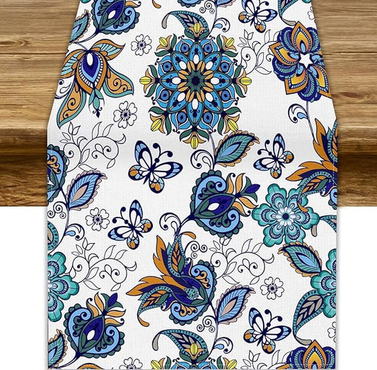 Oriental Paisley Table Runner, Luxury Vintage Blue Teal Floral Butterflies Print Table Runner for Home Dining Kitchen Coffee Table Party Decor, 13x70inch
