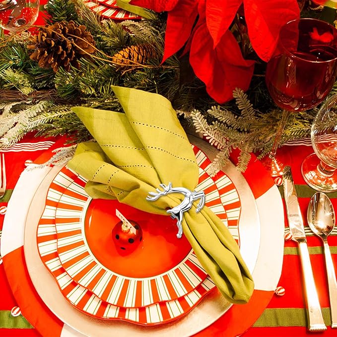 ZeeDix Silver Reindeer Christmas Napkin Rings Set of 24, Napkin Holder Ring for Christmas Dinner Table Decor Cloth Napkins, Wedding Receptions, Holiday Party, Banquet and Home Kitchen