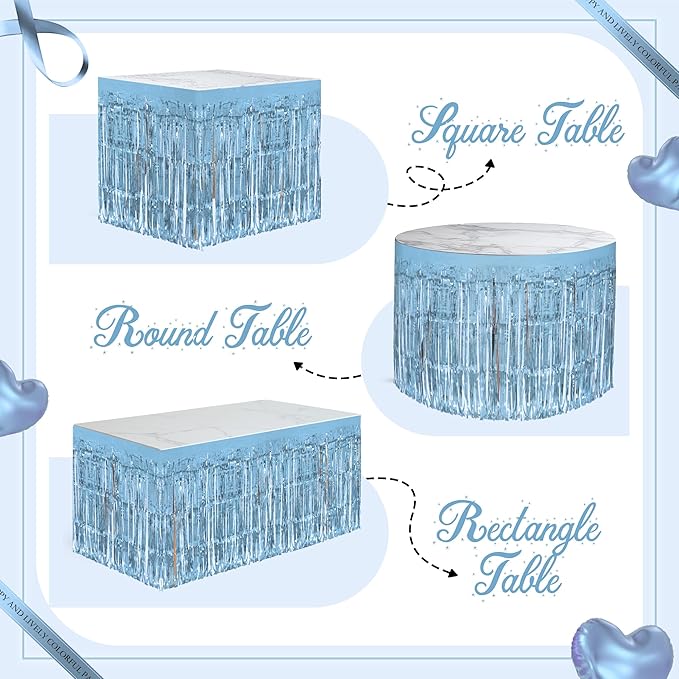 8 Pack Light Blue Table Skirts, 29x108" Metallic Foil Tinsel Fringe Table Skirts for Rectangle Tables Streamer Curtains Backdrop, Party Decorations for Birthdays Weddings Holidays