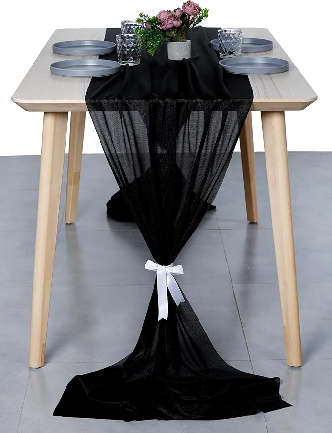 MDS 25 Pack 10ft Chiffon Table Runner 29 x 120 Inches Sheer Wedding Runner Romantic Rustic Table Runner for Wedding Decorations, Birthday Parties, Bridal Shower Party Arch Decor - Black
