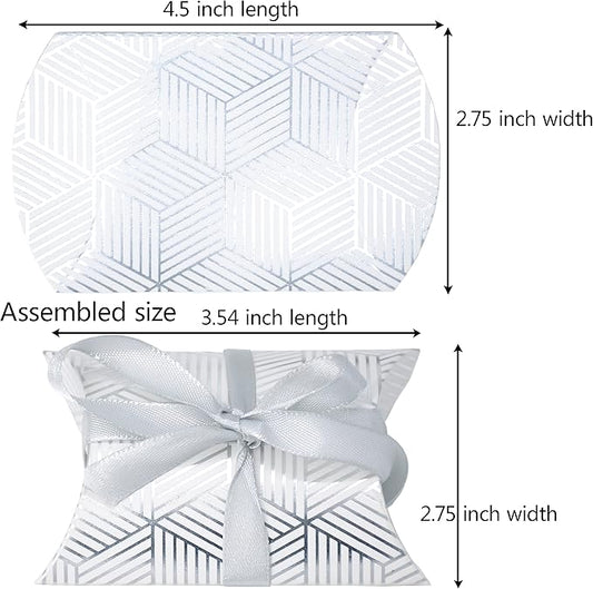 Aokbean 100 Pack Mini Pillow Candy Box Small Gift Boxes with 50 Yards Ribbon for Christmas Wedding Party Favor Gift, Jewelry or Soap Packaging (Silver Stripes)
