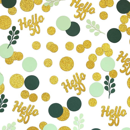 300PC Gold Glitter and Sage Green Happy 50th Birthday Decorations for Men/Women Greenery 50th Birthday Confetti for Table Fifty Party Decor Supplies