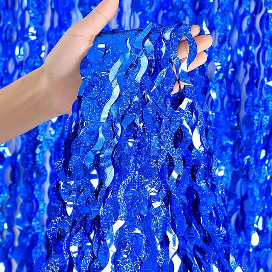4 Pack Navy Blue Wavy Foil Fringe Curtains Party Decorations - 3.3 ft x 6.6 ft Streamer Tinsel Curtain Party Photo Backdrops for Birthday Party
