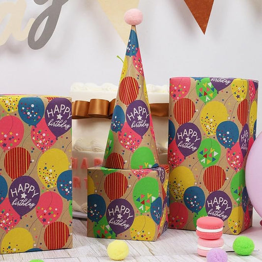 LaRibbons Birthday Wrapping Paper Roll for Kids, 30 Inch x 33 Feet (83 sq. ft. ttl.) Kraft Gift Wrap Paper with Colorful Balloon Pattern for Baby Shower Holiday Party