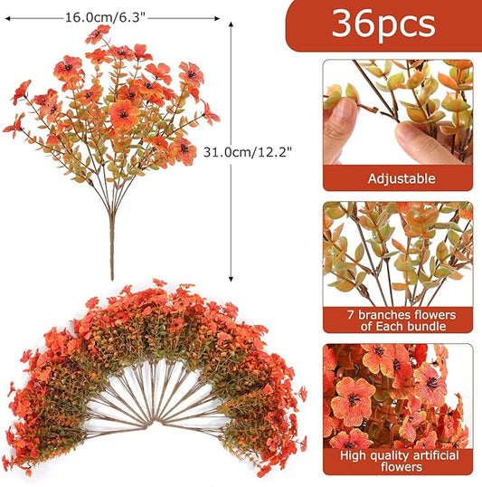 Hananona 36 Pcs Artificial Mum Flowers for Outdoors, Faux Fall Mums Silk Flower for Outside, Fake Orange Flowers for Fall Patio Front Door Planter Autumn Halloween Home Decorations (36, Orange)