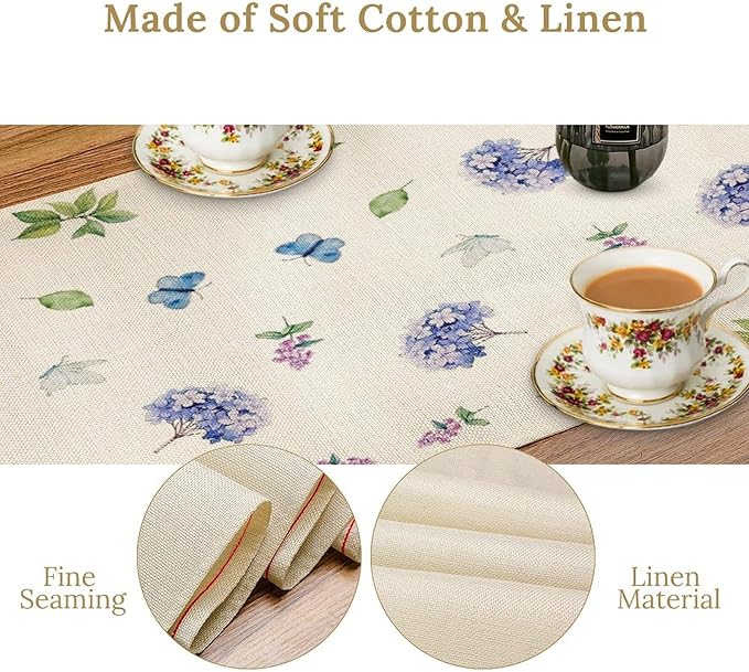 Spring Hydrangea Flower Table Runner, Seasonal Summer Plants Watercolor Florals Butterfly Dinner Runner for Home Kitchen Dining Table Party Holiday Decoration 13"x36"
