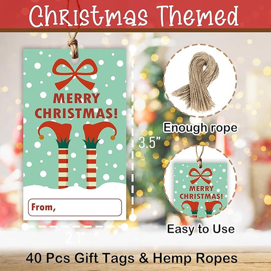 40 Pcs Christmas Gift Tags, 2.1"×3.5" Merry Xmas Paper Tags with String, Hanging Christmas Presents Label Wrapping for Party FavorDecorations, 4 Styles - A04