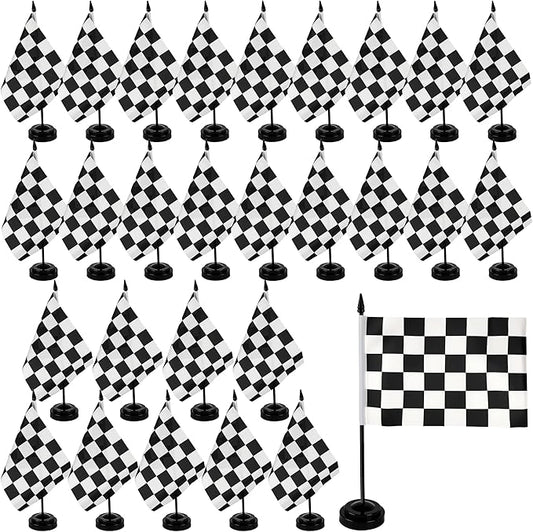 28 Pcs Black and White Checkered Racing Stick Flag Mini Race Car Office Table Desk Flags with Stand Base for Race Car Office Home Decorations and Party Celebrations