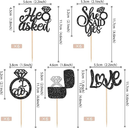 30 PCS He Asked She Said Yes Cupcake Toppers Love I Do Diamond Ring Cupcake Picks for Wedding Enaggement Bridal Shower Party Cake Decorations Supplies Black
