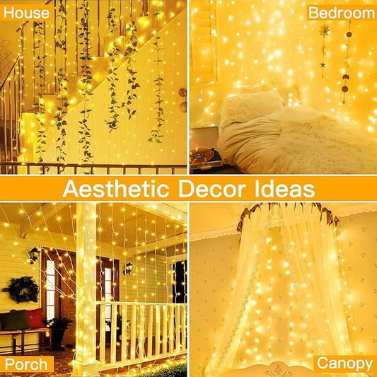 Ollny 2 Pack Curtain String Lights Warm White, 400LED 6.6x6.6ft Fairy Lights With Remote 8 Modes, Hanging Outdoor Waterproof, USB Power Wall for Bedroom Indoor Backdrop Window