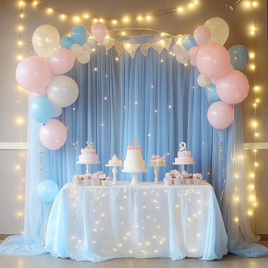 Tulle Backdrop Curtain with Lights String 10FT X 8FT Baby Blue Sheer Tulle Backdrop Curtains for Wedding Birthday Party Reception Photo Booth Background Decorations (2 Panels 5x8FT)