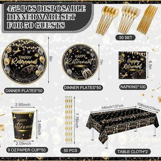 452 Pcs Black Gold Retirement Decorations Supplies for 50 Guests, Happy Retirement Paper Plates Napkins Cups Tablecloth Cutlery Straws Disposable Tableware Set for Men Women