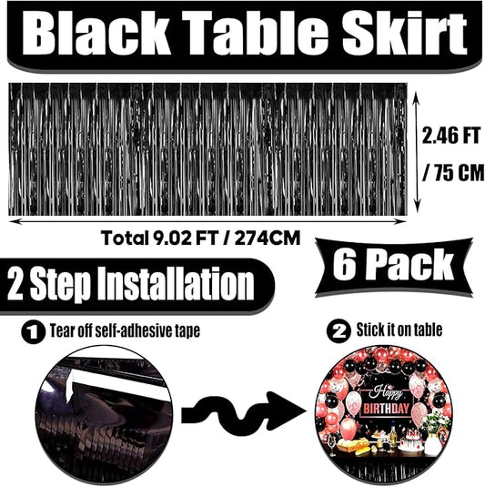 6 Pack 29x108 Inch Metallic Foil Fringe Tinsel Table Skirts Banner for Rectangle Tables Streamer Garland Curtains Backdrop for Wedding, Birthday, Parade Floats, Christmas Party Decoration(Black)