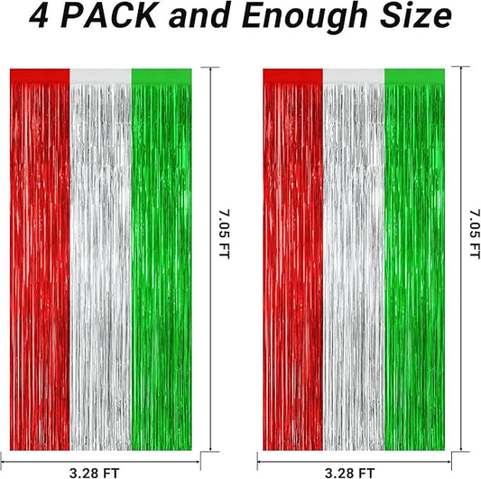 4 Pack Christmas Curtains, 3.28 FT x 7.05 FT Red Silver Green Foil Backdrop, Metallic Foil Fringe Curtains Party Streamer Picture Backdrop, Christmas Door Decorations Photo Props Party Supplies