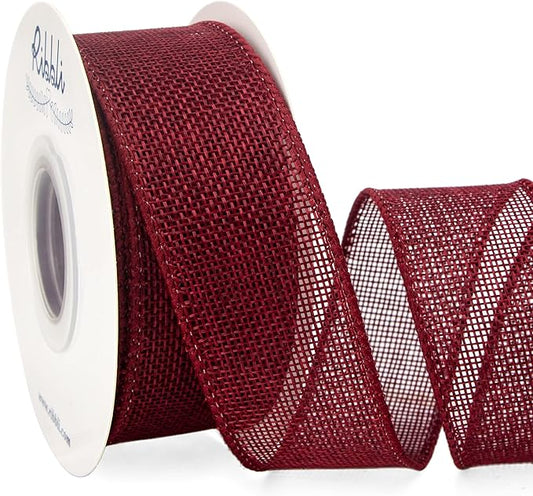 Ribbli Burgundy Burlap Wired Ribbon,1-1/2 Inch x 10 Yard, Wired Edge Ribbon for Big Bow,Wreath,Tree Decoration,Outdoor Decoration