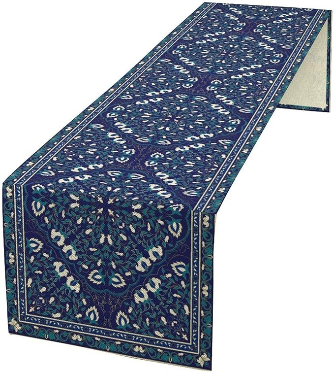 Boho Floral Vintage Table Runner, Retro Morris Abstract Blue Flower Rustic Country Farmhouse Pattern for Home Kitchen Table Decor Dining Coffee Room Wedding Party Decor 13x120in