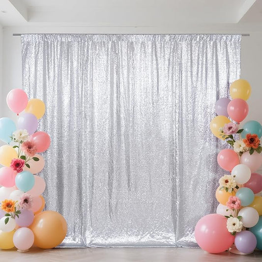 SquarePie Sequin Backdrop Not See Through Thick Stain Background for Photography Glitter Curtain Party 8FT x 8FT Silver