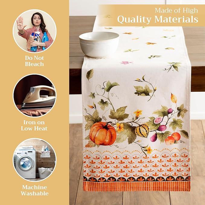 Maison d' Hermine Table Runner 100% Cotton Double Layer Table Runners 72 inches Long for Thanksgiving Christmas Decorations Home Kitchen Dining Wedding (Pumpkin Garden - Cloudy Cream, 14.5" x 72")