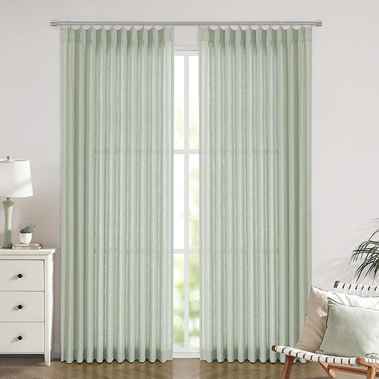 Vision Home Light Green Pinch Pleated Semi Sheer Curtains Textured Linen Blended Light Filtering Window Curtains 112 inch for Living Room Bedroom Patio Pinch Pleat Drapes with Hooks 1 Panel 60"Wx112"L