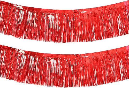 Red Foil Fringe Garland 10FT 2packs, Metallic Foil Tinsel Fringe Banners for Parade Float Decorations Wedding, Birthday Party Graduation (Two Red)
