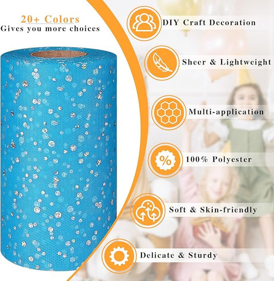 Glitter Tulle Rolls, 6” by 50 Yards (150FT) Netting Fabric Tulle for Tutu Skirts Sewing Birthday Wedding Party Decoration (Peacock Blue)