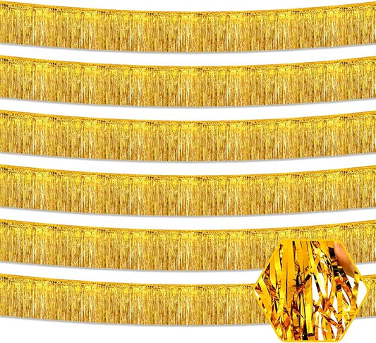 6 Pack 10 Feet Gold Foil Fringe Garland Metallic Tinsel Streamers Banner Wall Hanging Curtain Backdrop for Parade Floats, Birthday, Graduate, Mother's Day, Wedding Party Decoration