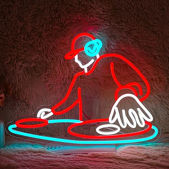 DJ Player Neon Sign Bar Neon Light Wall Decor 16.5 * 12.6 Inch LED DJ Light Up Sign for Bar Club Live Music Concert Bedroom Party Neon Decor (USB Dimmable)