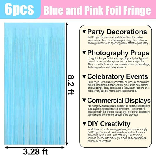 6 Pack Macaron Pink Blue Foil Fringe Curtain Backdrop, 3.28Ft x 8.2Ft Metallic Tinsel Foil Fringe Streamer Curtains for Photo Booth, Birthday, Wedding, New Year Party Decorations