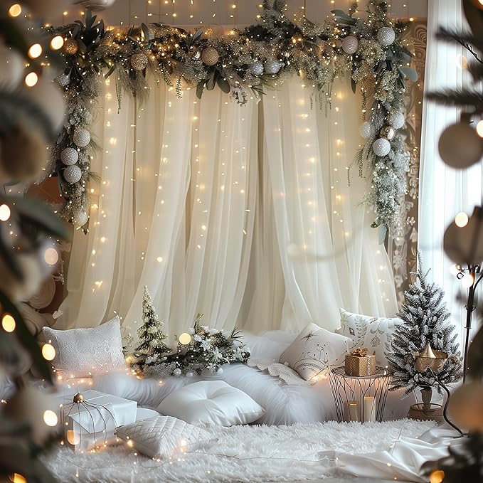 Fomcet Tulle Backdrop Curtains Ivory 30FT X 10FT Tulle Curtain with Lights String Sheer Backdrop Curtains for Parties Wedding Baby Shower Photo Shoot Decorations (6 Panels 5 x 10FT)