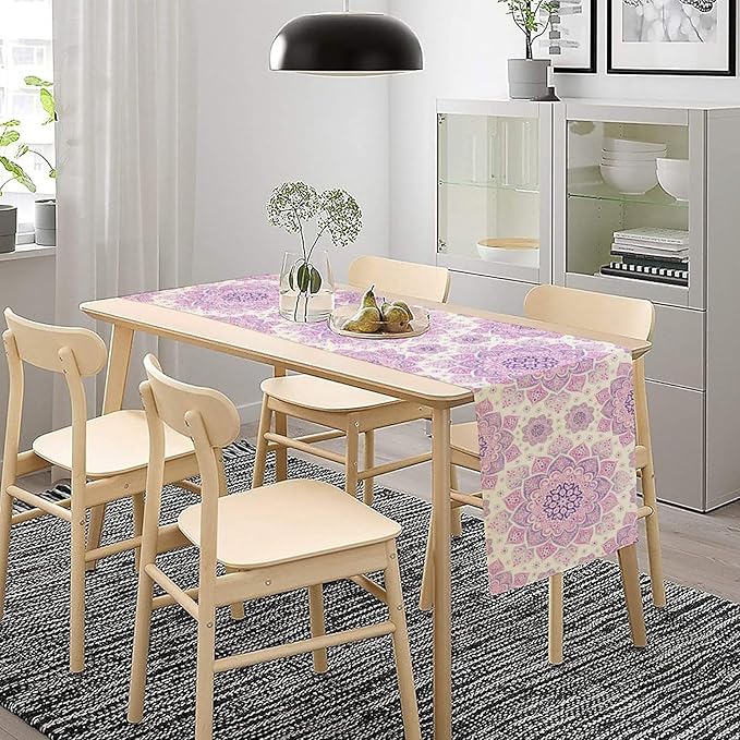 Purple Pink Mandala Table Runner, Traditional Indian Boho Mandala Flowers Print Table Runne for Kitchen Dining Table Office Wedding Party Holiday Home Decor, 13x90inch