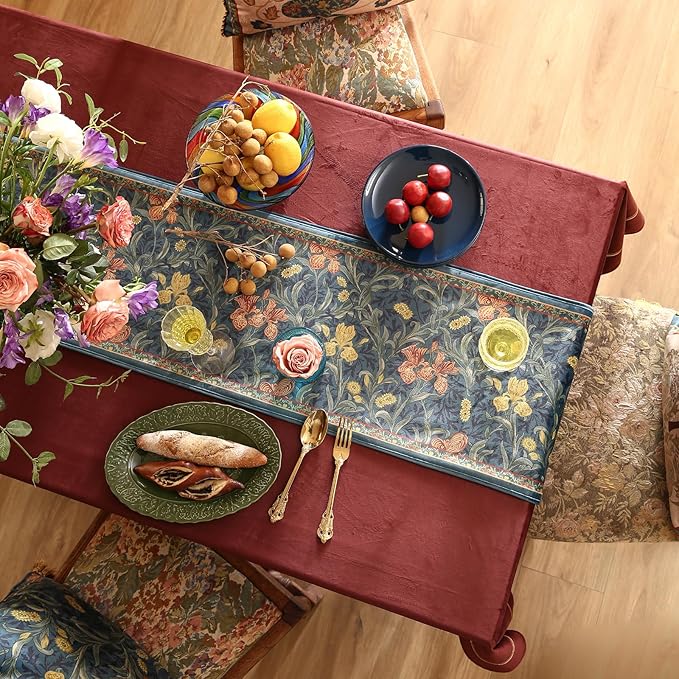 patdrea Designer Casual Wild Floral Velvet Table Runner 102 Inch Long, Dark Blue Occult Bouquets Pattern Table Mat, Decoration for Kitchen Dining Coffee Table Cabinet Banquet Thanksgiving,12"*102"