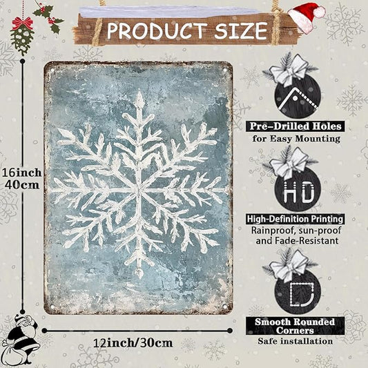 Vintage Christmas Tin Sign - Winter Snowflakes Metal Tin Sign - Wall Decor Sign for Outdoor Snowflake Christmas Decoration - 12x16Inch