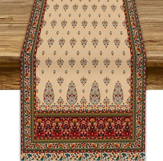 Boho Paisley Table Runner, Vintage Western Brown Dark Red Beige Flowers Leaves Print Table Runner for Kitchen Dining Table Wedding Holiday Party Decor, 13x120inch
