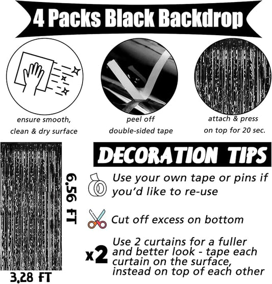 4 Pack Black Fringe Curtain Backdrop, 3.2Ft x 6.6Ft Metallic Tinsel Foil Fringe Streamers Background for Photo Booth Birthday Wedding Baby Shower Carnival Easter Mother’s Day Party Decorations