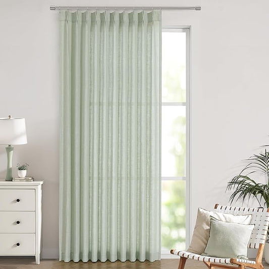 Vision Home Soft Green Pinch Pleated Semi Sheer Curtains Textured Linen Blended Light Filtering Window Curtains 102 inch for Living Room Bedroom Patio Pinch Pleat Drapes with Hooks 1 Panel 60"Wx102"L