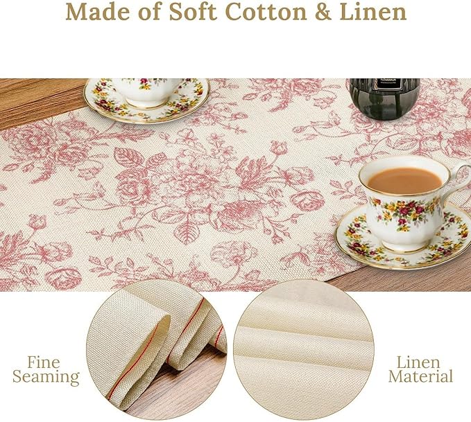 Pink White Flower Table Runner, Wildfloral Floral Sketch Pattern Print Kitchen Dinning Table Runner for Indoor Outdoor Home Wedding Party Holiday, 13x108 Inch