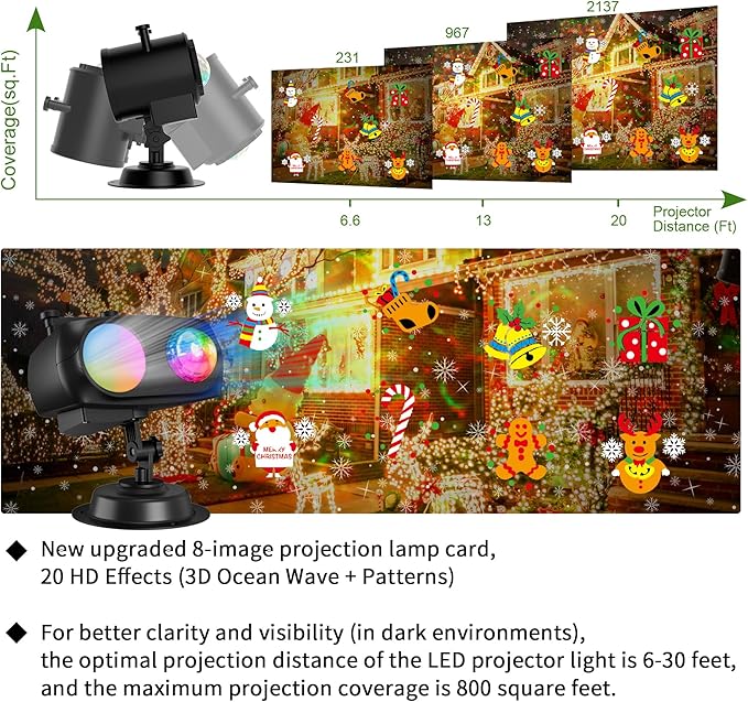 2025 Upgrade Christmas Halloween Projector Lights Outdoor Decorations, COOLWUFAN Holiday Projector Lights with Remote and 20 HD Effects(3D Ocean Wave) for Xmas Halloween Party Yard Decor